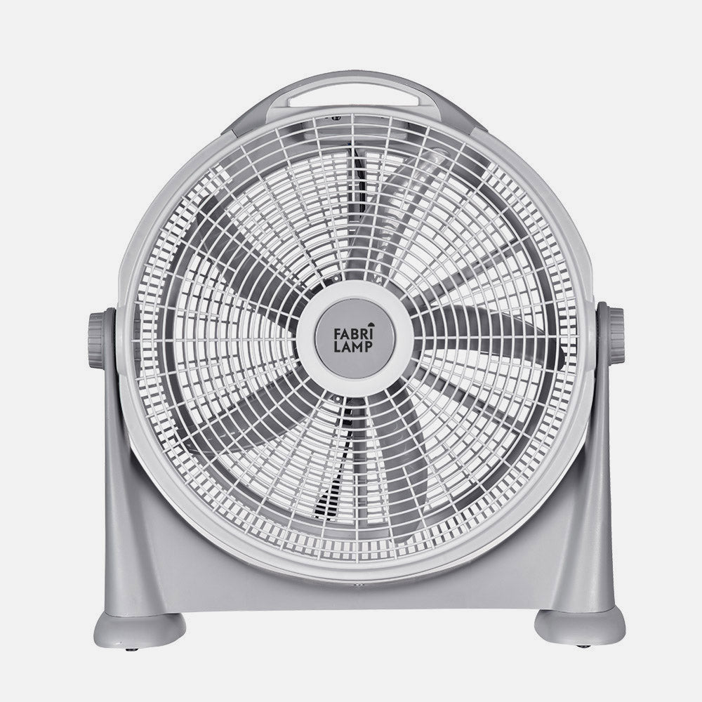 Ventilador de sobremesa Fabrilamp fabricado en policarbonato gris mate con asa de transporte