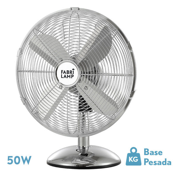 Ventilador de sobremesa Pali Cromo 50W de Fabrilamp, vista frontal.  Encuéntralo en luzguru.com