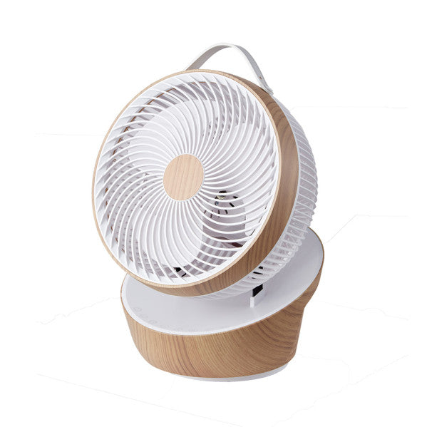 Ventilador de sobremesa Petirrojo Blanco/Madera de Fabrilamp, 25W, 12 velocidades, 3 aspas, motor DC, mando a distancia y temporizador.