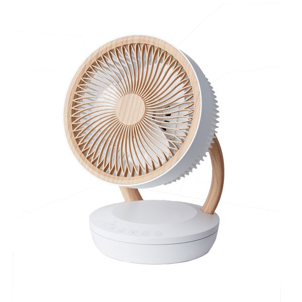 Ventilador de sobremesa Ruiseñor Blanco/Madera de Fabrilamp, con control remoto, temporizador y pantalla táctil.