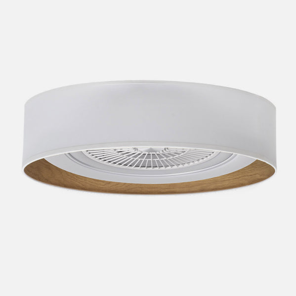 Detalles del Ventilador de Techo LED Regulable Fabrilamp/Abrila Tania (Ref. 188391501):  Diseño moderno blanco/madera clara, 5 aspas, 72W, 6120lm, 3 temperaturas de luz, mando a distancia, temporizador, motor DC.  Luzgurú.
