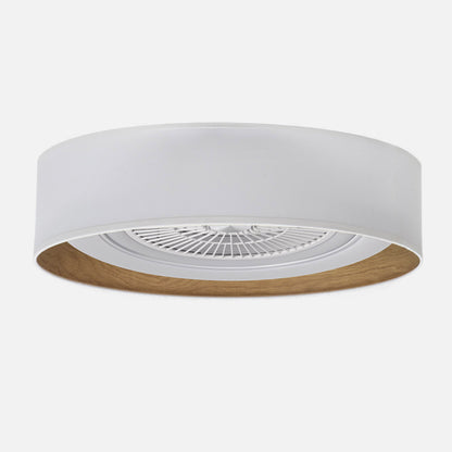 Detalles del Ventilador de Techo LED Regulable Fabrilamp/Abrila Tania (Ref. 188391501):  Diseño moderno blanco/madera clara, 5 aspas, 72W, 6120lm, 3 temperaturas de luz, mando a distancia, temporizador, motor DC.  Luzgurú.
