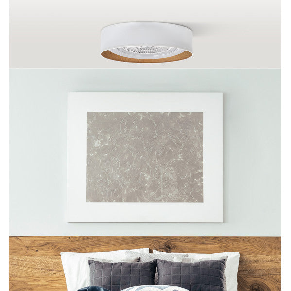 Detalles del Ventilador de Techo Tania 188391501 de Fabrilamp/Abrila:  Diseño moderno blanco/madera clara, 5 aspas, iluminación LED regulable 3000-4000-6000K (6120lm), mando a distancia, temporizador, motor DC.  LUZGURÚ.
