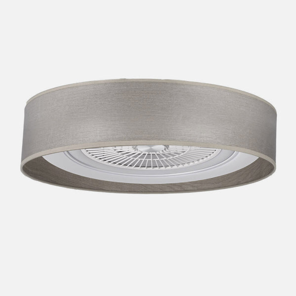 Detalles del Ventilador de Techo Tania de Fabrilamp/Abrila (Ref. 188391583), color madera gris.  Muestra sus 5 aspas, mando a distancia, y diseño elegante.  Ventilador silencioso con luz LED regulable (3000K-4000K-6000K), 6 velocidades y temporizador.  Dimensiones: 25x60x60 cm.
