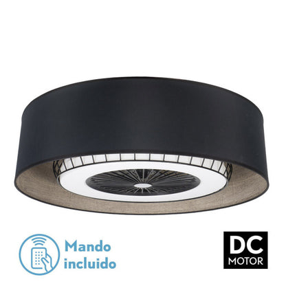 Ventilador de techo Tania 72W, vista frontal, negro y madera gris, 5 aspas, luzguru.com