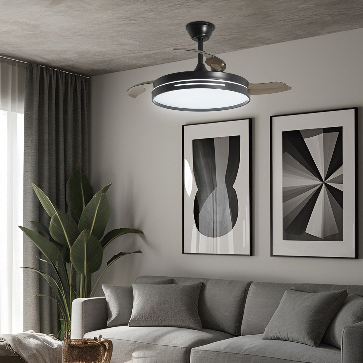 Ventilador de techo retráctil Togo Negro AJP / Alemar con palas cerradas, vista frontal