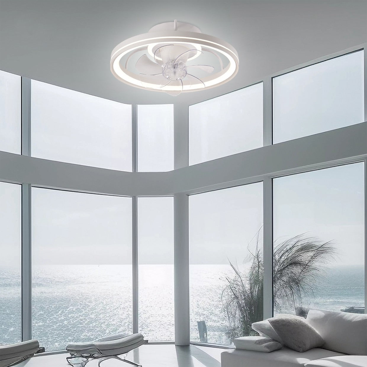 Medidas ventilador techo Tom 50cm blanco AJP/Alemar Ref. 11543 - 7 palas, luz LED regulable. LuzGuru.
