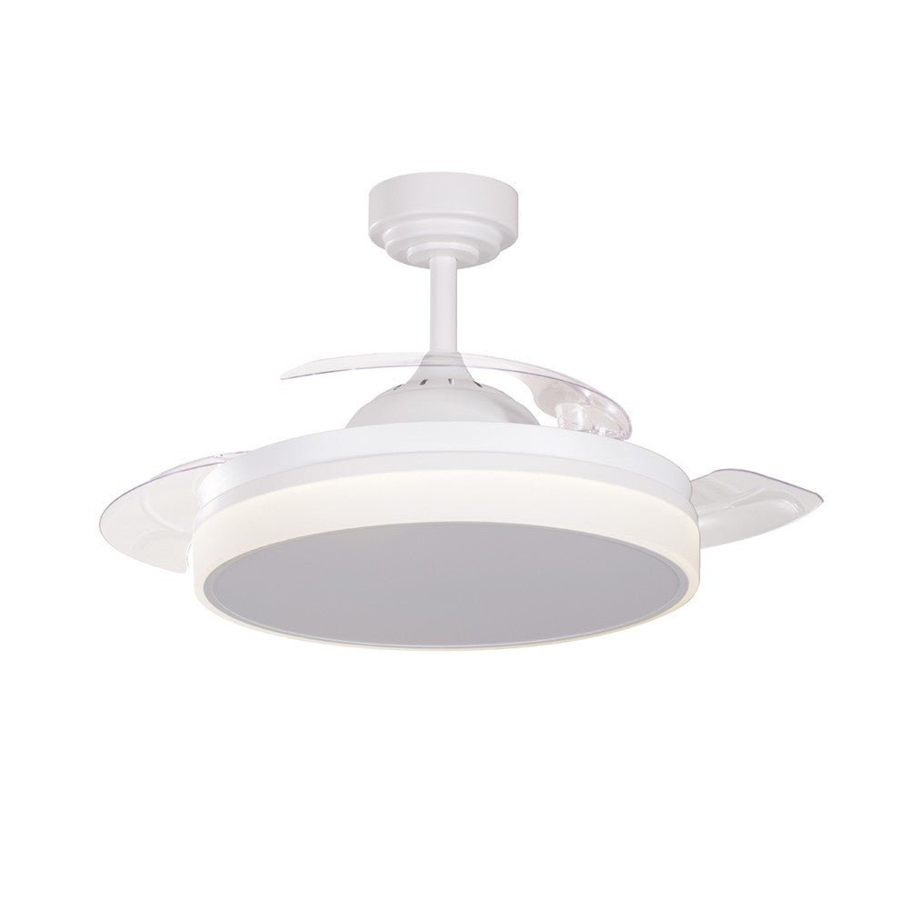 Ventilador de techo fabricado en Metal color Blanco con aspas de PC transparente